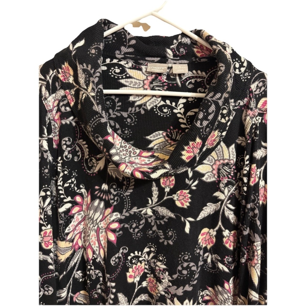 Chico's Zenergy Floral Knit‎ Cowl Neck Long Sleeve Top Black Size 2